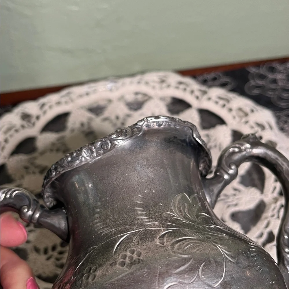 Vintage Silverplate Creamer with Floral Engraving Ornate Handles Antique